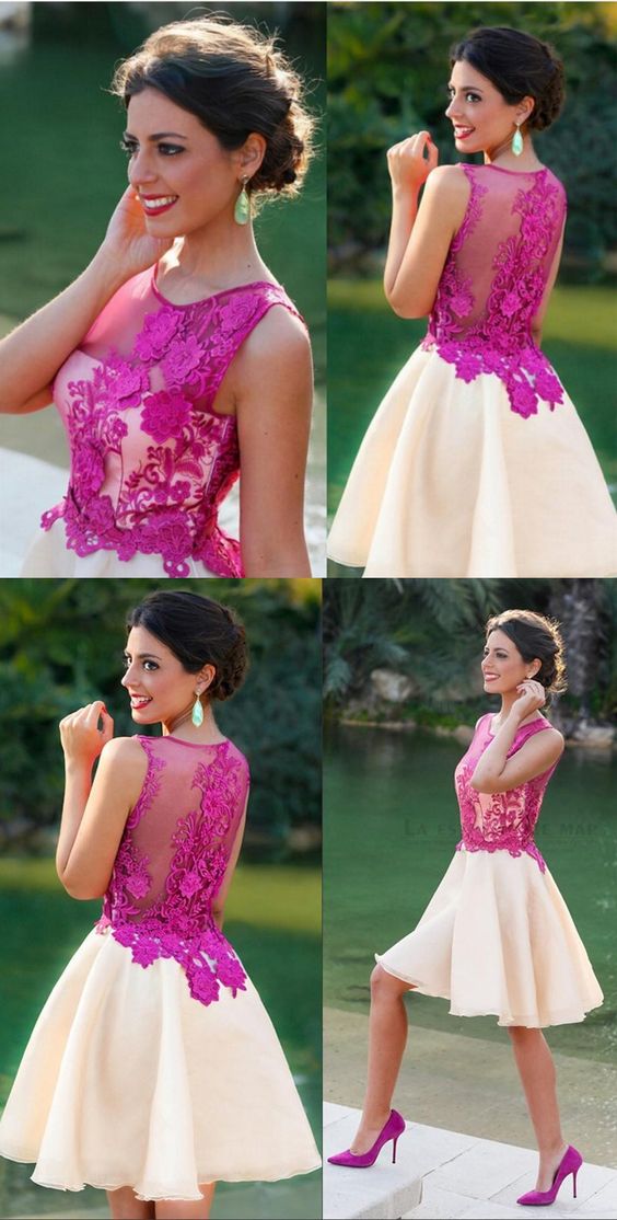 homecoming dresses, ivory homecoming dresses, a line homecoming dresses, fuchsia appliques homecoming dresses, sheer homecoming dresses cg8747