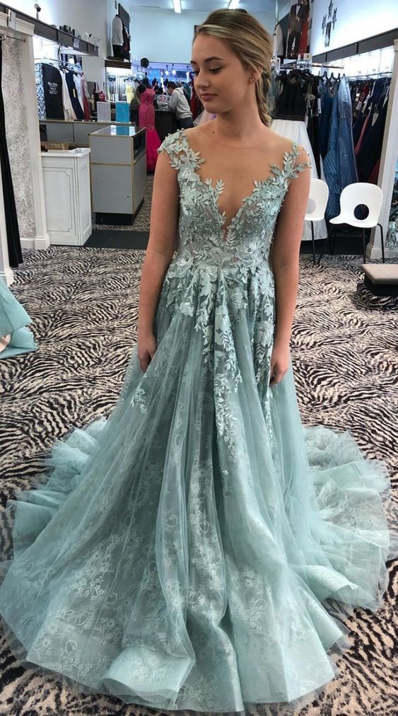 Illusion Neckine Prom Dresses Lace Appliques Formal Dresses Long Evening Gowns g8751