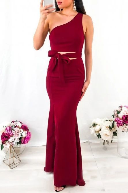 Simple Mermaid One Shoulder Floor Length Satin Red Prom Dresses cg8758