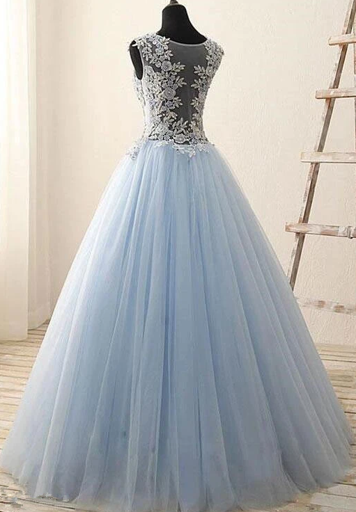 Light Blue Tulle With Lace Floor Length Party Dress, Blue Prom Dress cg8767