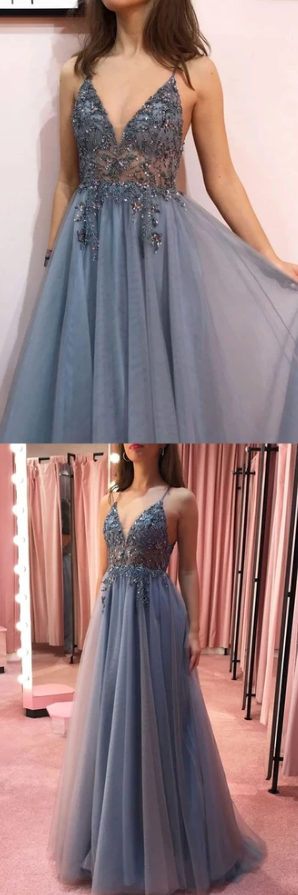 GRAY V NECK TULLE BEADS LONG PROM DRESS GRAY TULLE FORMAL DRESS cg8770
