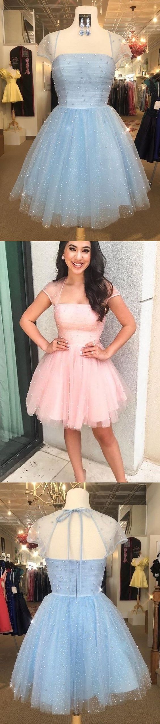 Sparkle Beaded Cap Sleeves Light Sky Blue Tulle Homecoming Dress Sweet 16 Dresses cg8779