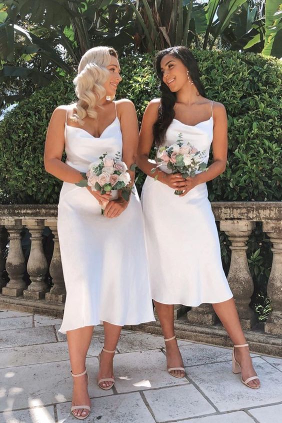 midi white A-line prom dresses with spaghetti straps and cowl neckline cg8790