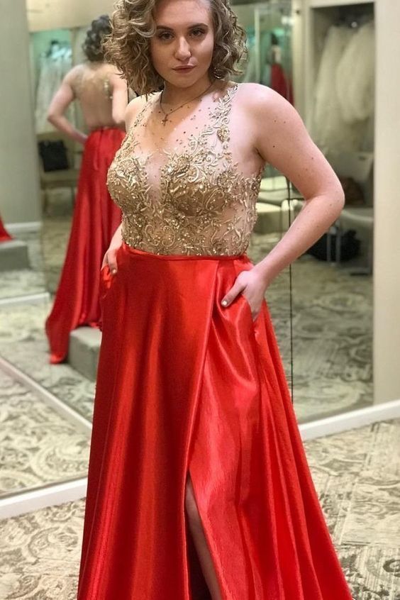 Charming Red A Line Prom Dress with Slit, Long Prom Dresses, Appliques Evening Party Dress cg8793