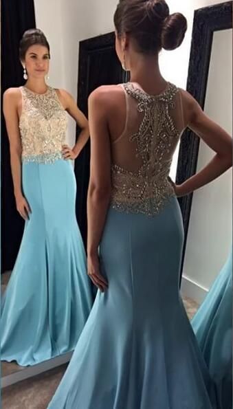 Blue Trumpet/Mermaid Satin Beaded Prom Dresses cg8796