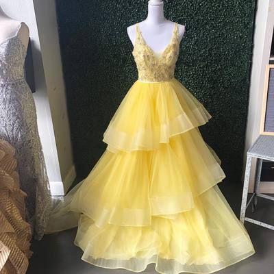 Princess V Neck Yellow Long Party Dress Prom Dresses cg8809