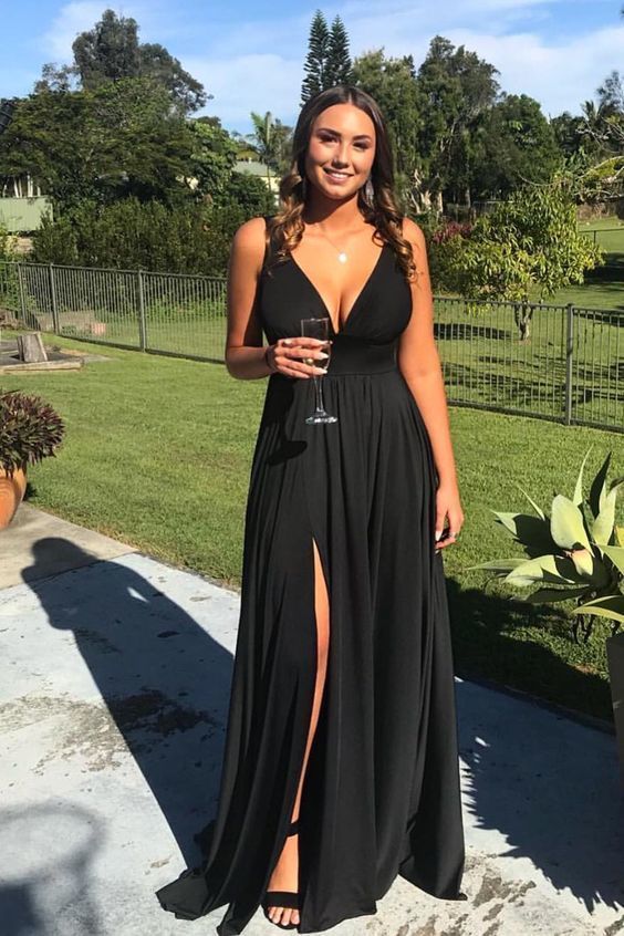 elegant v-neck black split prom party dresses cg8816