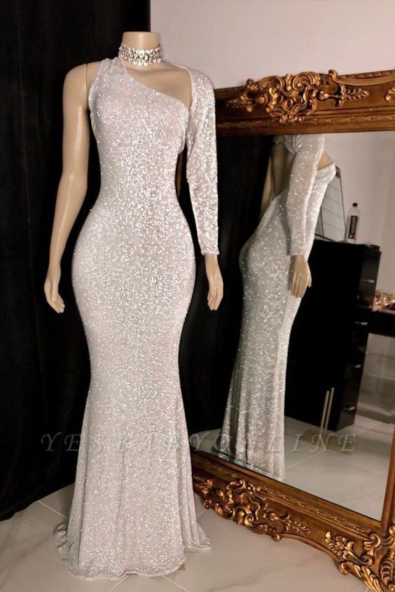 Sparkly One Shoulder Silver Floor Length Column Prom Dresses cg8839