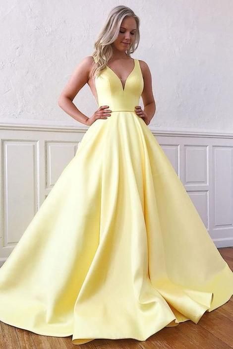 Simple yellow v neck satin long prom dress yellow formal dress cg8845