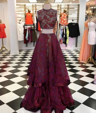 Deep red two pieces round neckline long prom dress, long lace customize evening dress cg8858