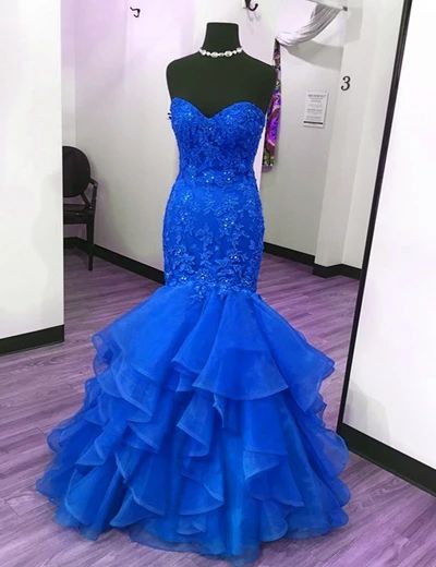 royal blue lace long mermaid evening dress with rhinestone prom dresses cg8862