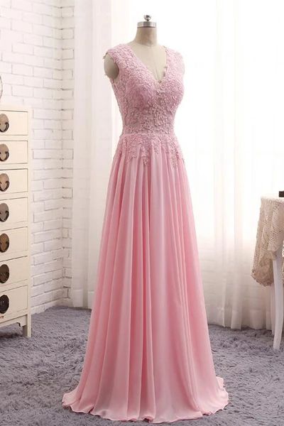 Elegant pink lace long A-line senior prom dress, pink evening dress cg8870