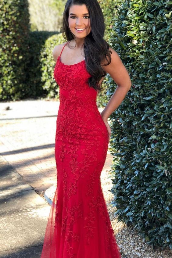mermaid red lace appliqued long prom dress for curvy girls cg8876
