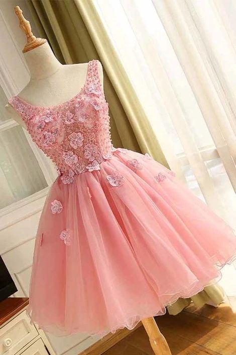 A Line Scoop Homecoming Dresses Tulle With Applique cg8880
