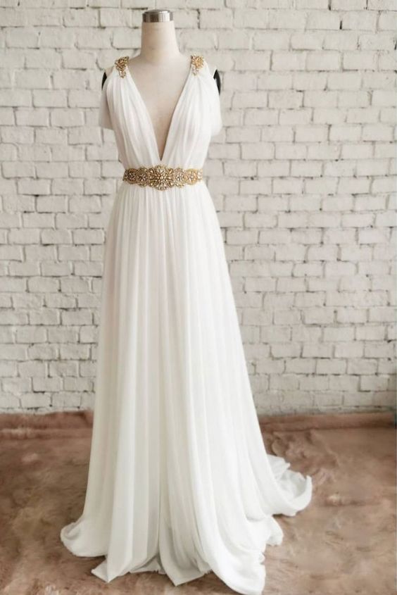 White Chiffon V Neck Sweep Train Gold Waistline Evening Dress, Prom Dress cg8882