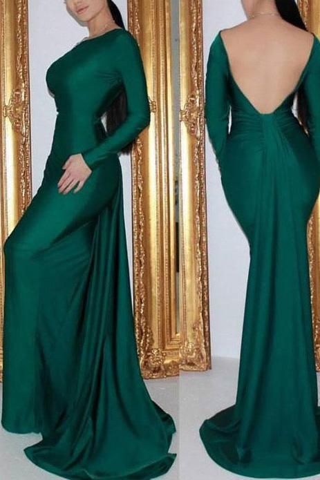 Dark Green Backless Mermaid Long Sleeves Evening Prom dress cg8896