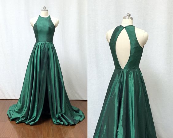 A-line Halter Emerald Green Taffeta Long Prom Dress with Slit cg8921