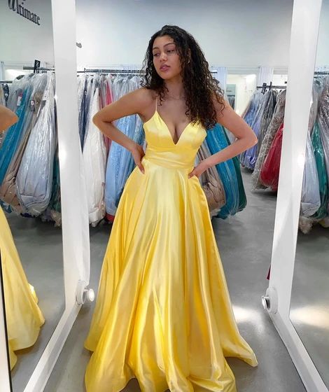 Empire V Neck Yellow Satin Long Prom Dress cg8940