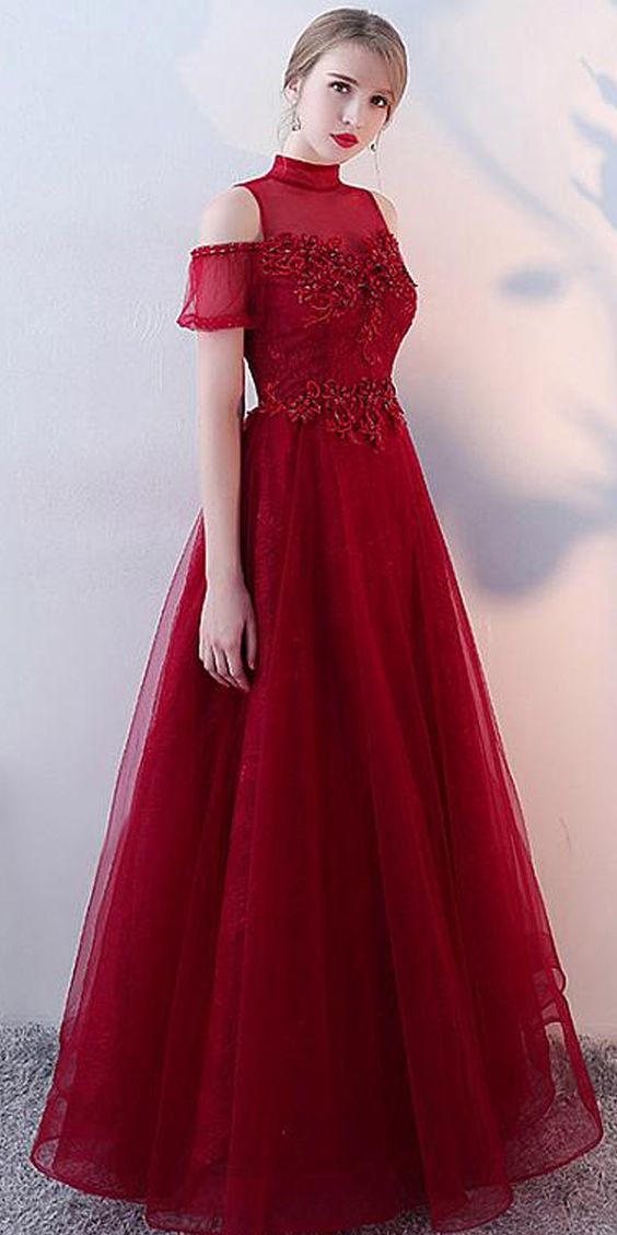 Modern Tulle High Collar Floor-length A-line Evening Dresses With Beadings Prom Dress cg8944