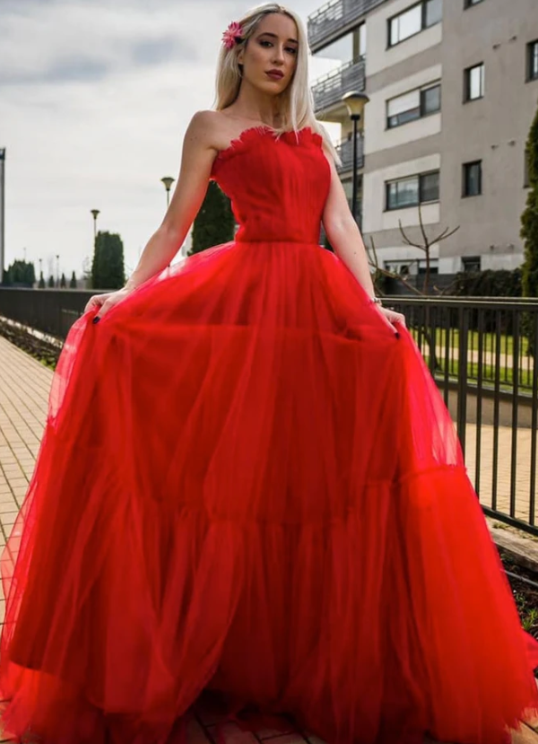 RED TULLE LONG PROM DRESS RED TULLE FORMAL DRESS cg8948