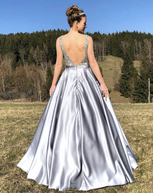 Gray satin beads long prom dress evening dress cg8967