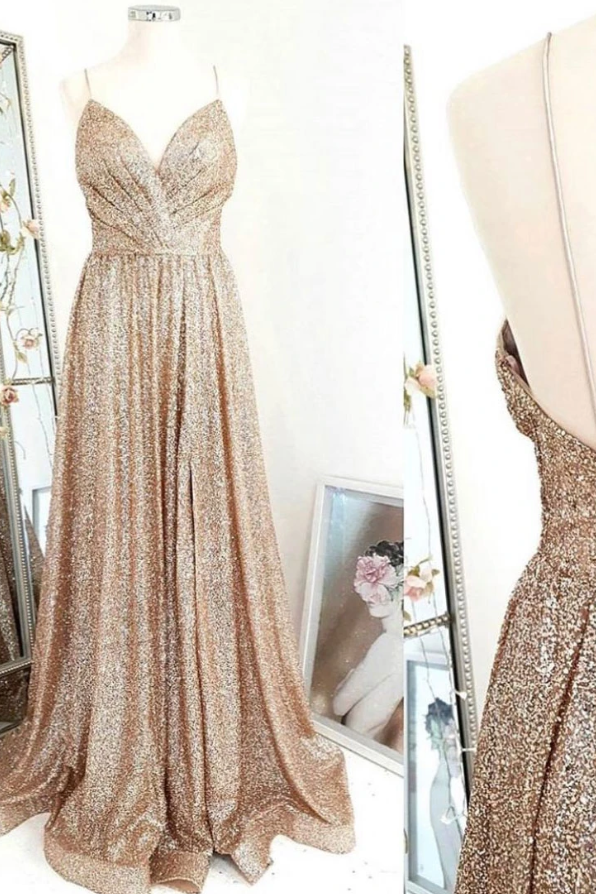 Gold sequin long prom dress gold evening dress cg8968