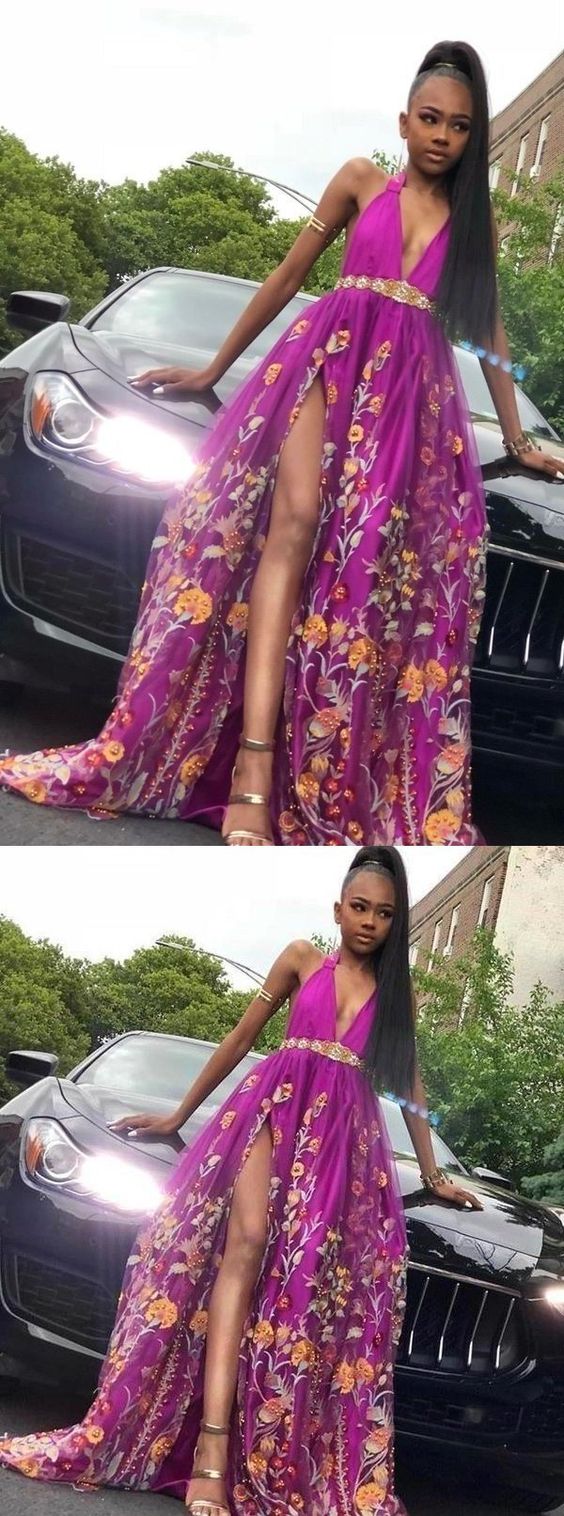 A Line Deep V Neck High Slit Purple Tulle Prom Dresses Long Evening Dresses cg8981