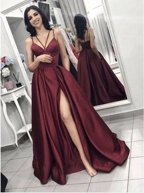 A-Line Spaghetti Straps Sweep Train Burgundy Satin Prom Dress with Pockets Split cg8982