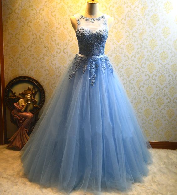 Ball Gown Blue Prom Dress,Tulle Appliques Prom Dresses,Long Quinceanera Dresses cg8992