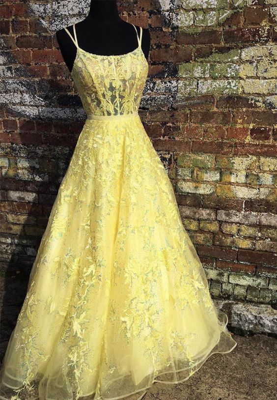 Yellow tulle lace long prom dress evening dress cg9009
