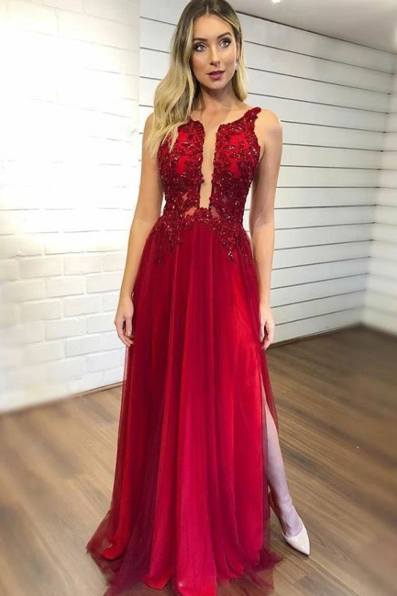 A-Line Sleeveless Split Prom Dresses with Appliques Beading Tulle Evening Dresses cg9025