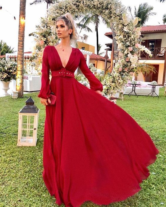 V Neck Long Sleeves Prom Dresses cg9033