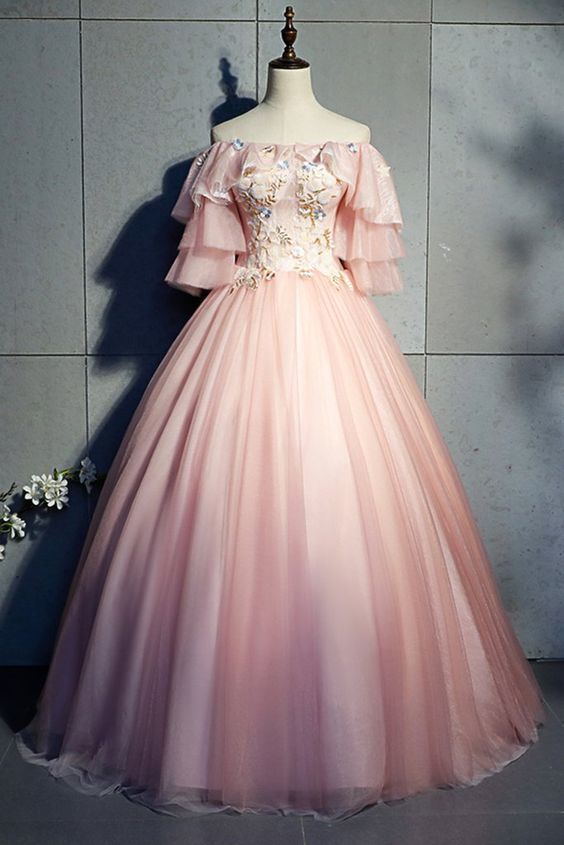 Pink Tulle Strapless Embroidery Long Pageant Prom Dress, Short Sleeve Quinceanera Dress cg9043