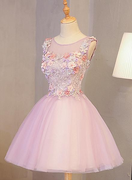 Cute Pink Round Neckline Tulle Party Dress with Flowers, Lovely Formal Dress Homecoming Dress cg9063