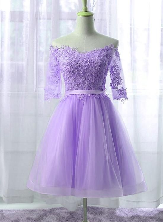 Beautiful Light Purple Tulle Short Sleeves Party Dresses 2020, Knee Length Homecoming Dress cg9067