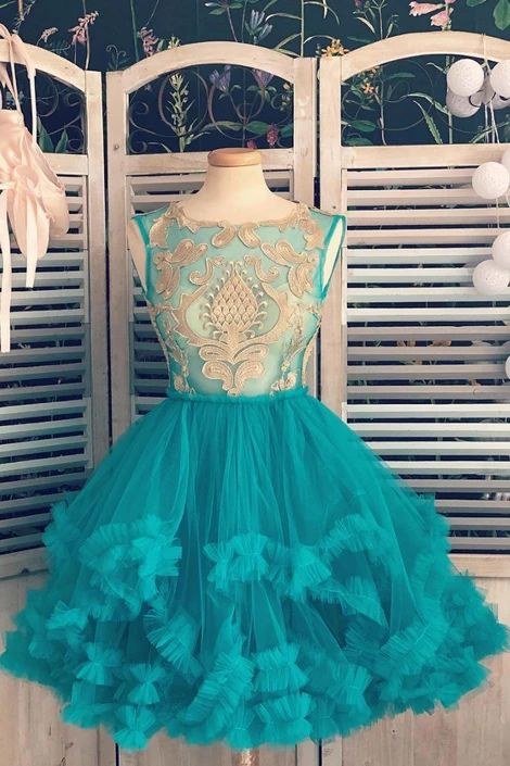 Green tulle lace short dress, green lace homecoming dress cg9074