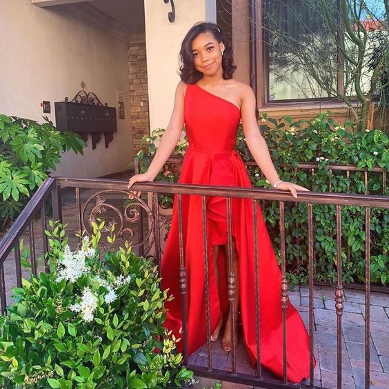 Red Prom Dress,Satin Prom Dress,One-Shoulder Prom Dresses,High/Low Prom Dress cg9128