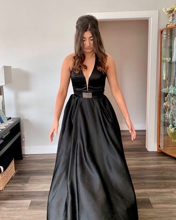 Black Prom Dress,Satin Prom Dress,V-Neck Prom Dresses,A-Line Prom Dress cg9134