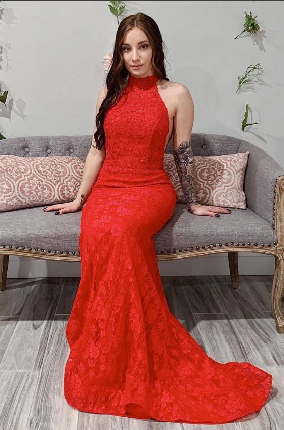 2020 Prom Dresses Mermaid Lace High Neck Open Back Sweep cg9156