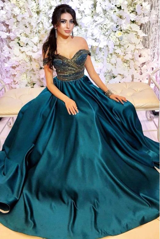 Off Shoulder Beaded Long Teal Prom Dress cg9158