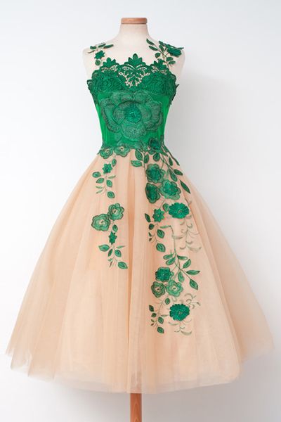 Champagne Homecoming Dress with Green Embroidery cg9176