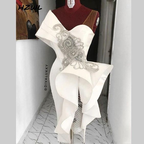 Stylish Sheath African Prom Dresses One Shoulder Beaded Crystals Tea Length Party Dress Front Split Ruffles Cocktail Dress cg9177