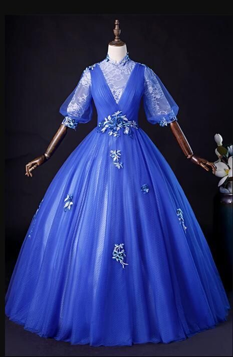 Royal Blue Tulle A Line Formal Prom Dress, Evening Dress With Mid Sleeve cg9201