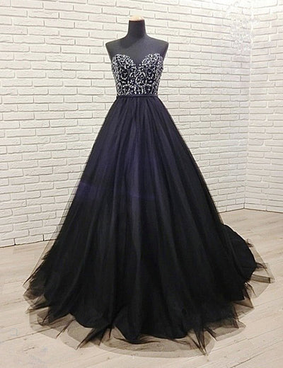 Black Tulle Sweetheart Neck Sequined Long Senior Prom Dress, Party Dress cg9222