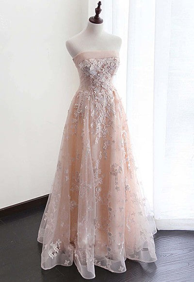 Pink Tulle Strapless Lace Long A Line Prom Dress, Evening Dress cg9223