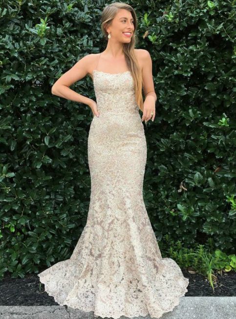 Champagne Mermaid Spaghetti Straps Long Prom Dresses cg9237