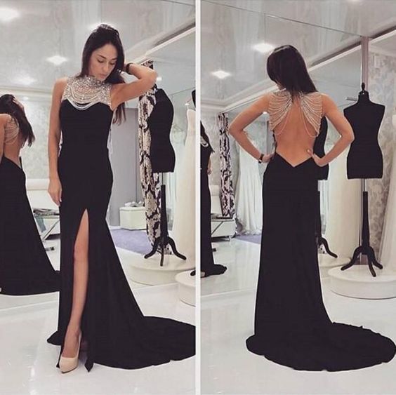 Black Open Back Mermaid Split Beaded Long Prom Dresses cg9264