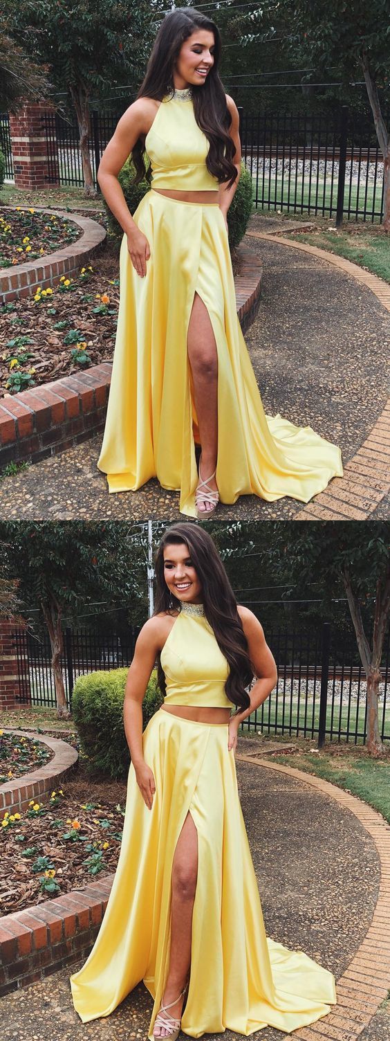 A Line High Neck Two Pieces Yellow Satin Long Prom Dresses with High Split, Yellow Formal Dresses, Evening Dresses cg9276