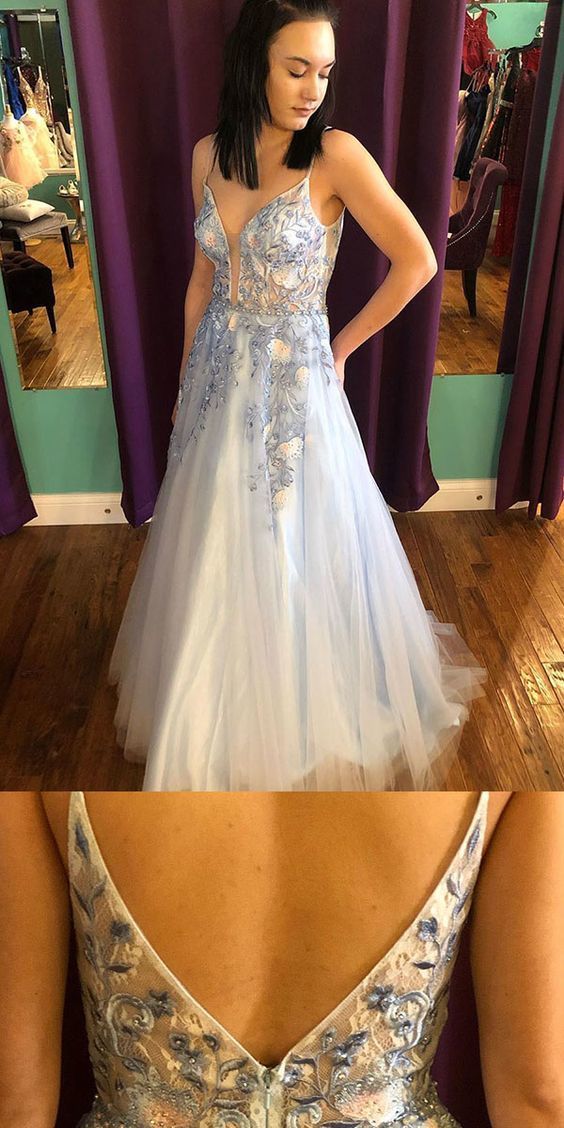 A-Line white and blue prom dress with floral embroidery cg9279