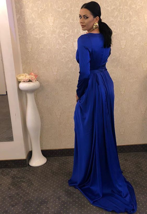 Royal Blue Long Sleeves Prom Dress With Split cg9281